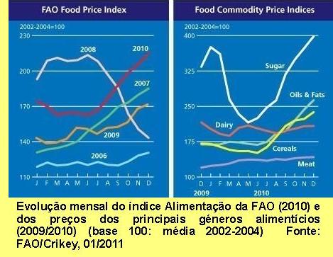 Evolução mensal do índice Alimentação da FAO (2010) e dos preços dos principais géneros alimentícios (2009/2010) (base 100: média 2002-2004).