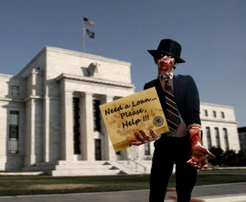 Banqueiro insolvente mendiga emprstimos s portas do Federal Reserve. Cartoon de Rui Pedro Fonseca.