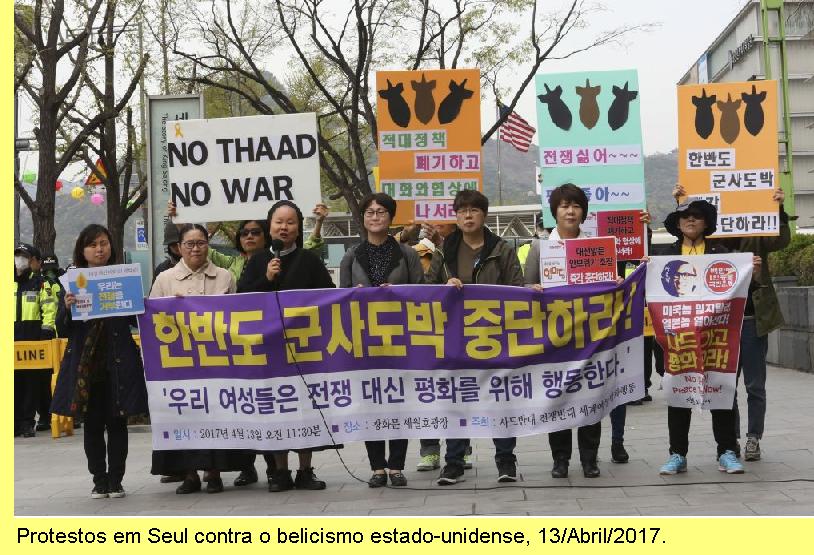 Protestos na capital da Coreia do Sul contra o belicismo trumpiano.