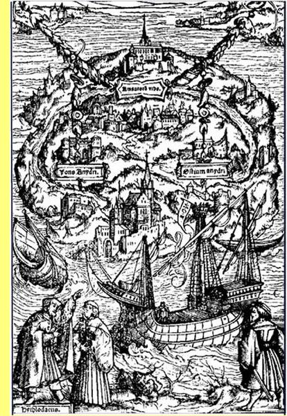 Xilogravura na edio de 1518 de 'Utopia'.