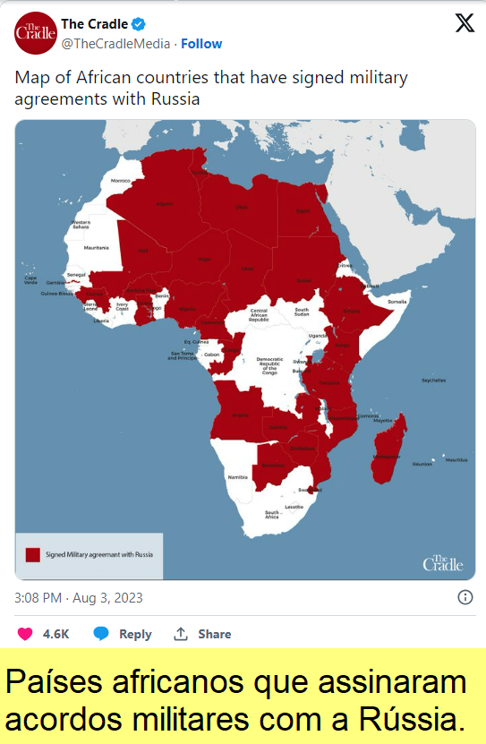 Mapa dos países africanos que assinaram acordos militares com a Rússia.