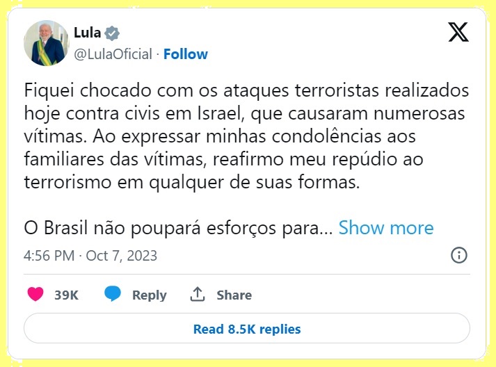 Pronunciamento de Lula, 07out23.