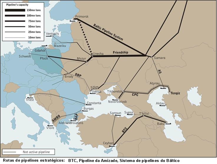 Mapa 2 - Rotas Estratégicas de Pipelines. BTC, Druzhba Pipeline, Sistema de Pipelines do Báltico (SPB), CPC, AS.