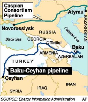 Mapa 5 - O pipeline Baku, Tblisi Ceyan (BTC).