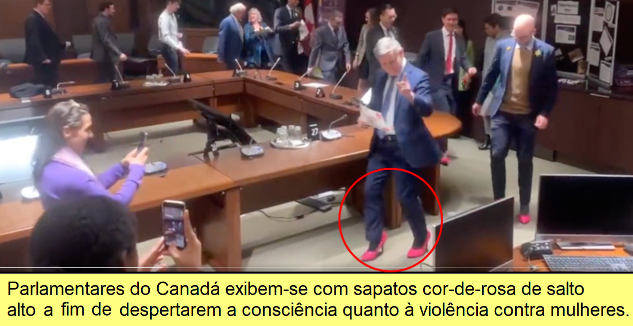 Parlamentares do Canadá desfilam com sapatos cor-de-rosa de saltos altos.