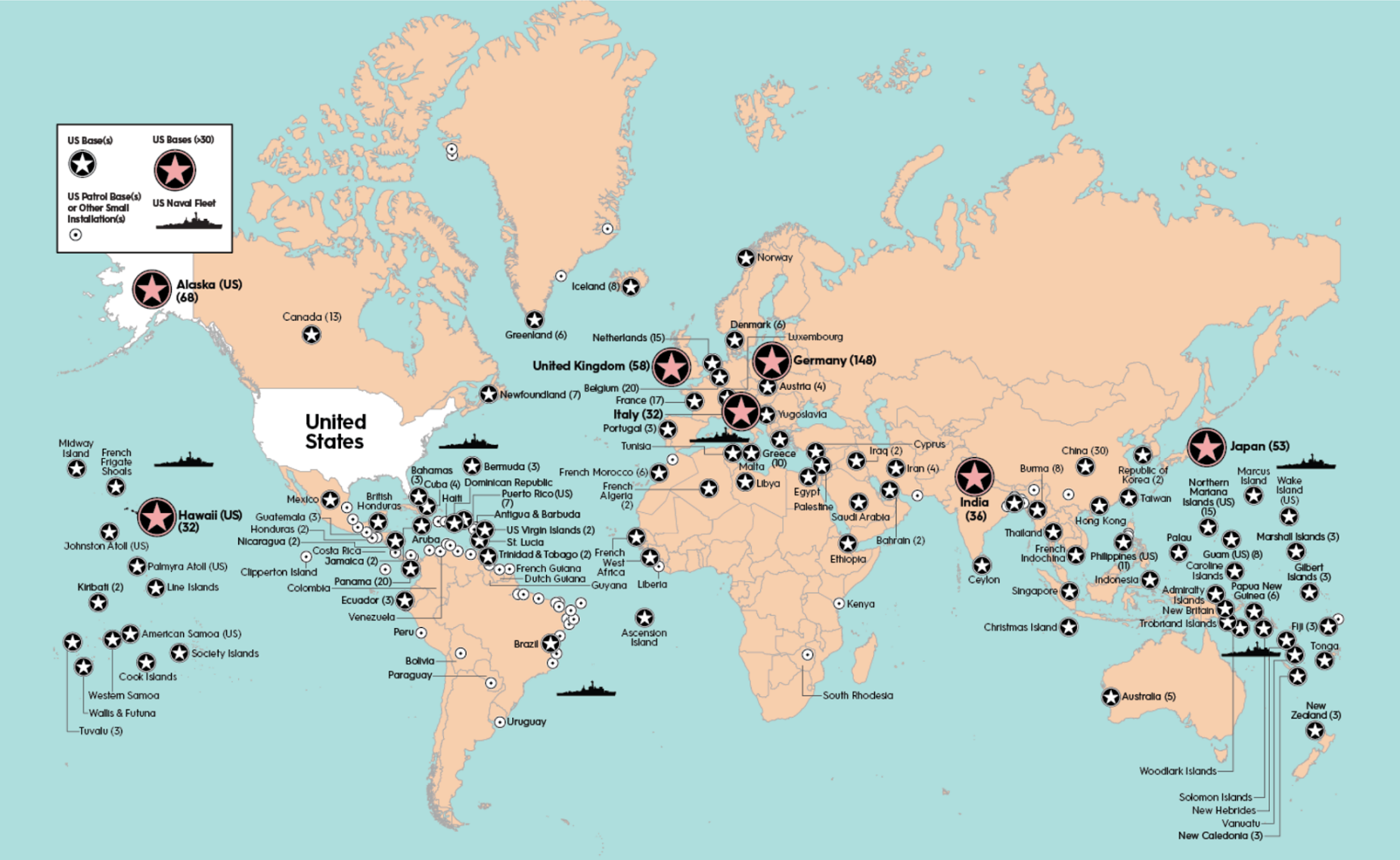 Bases dos EUA no mundo.