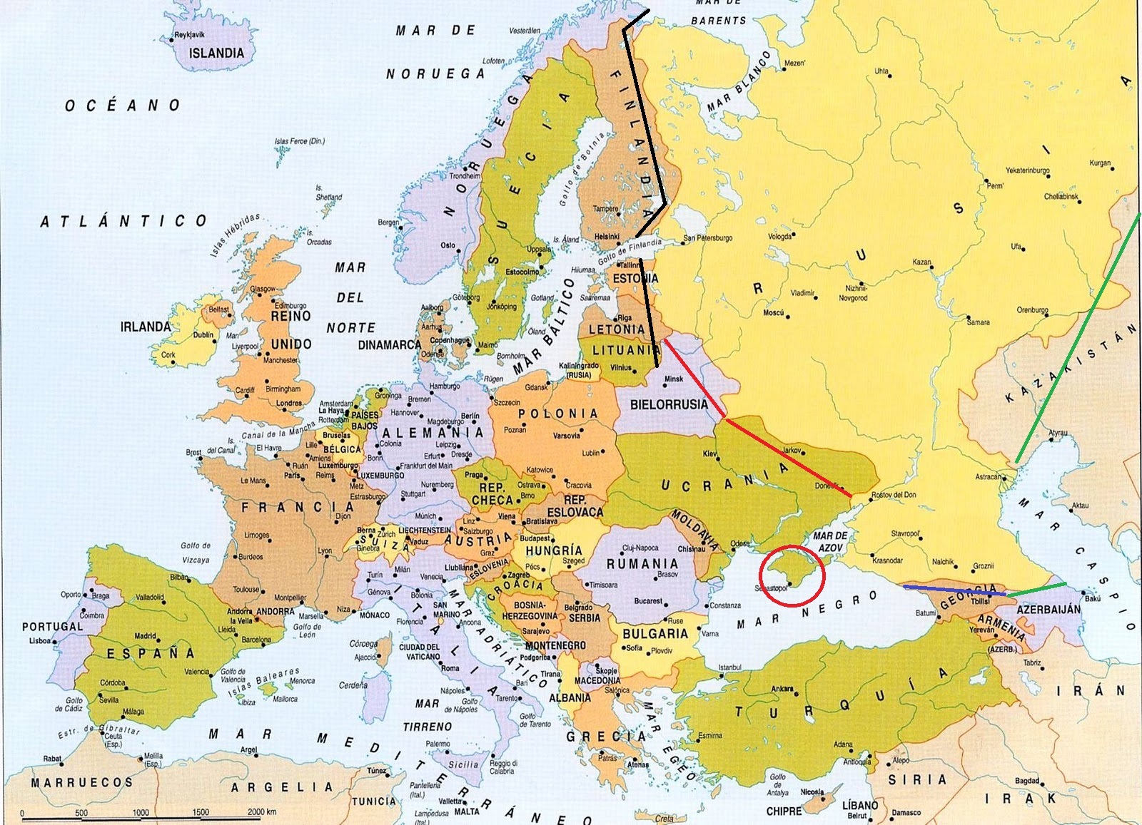 Mapa político da Europa.
