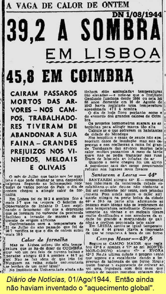 Notícia de temperaturas em 1944.