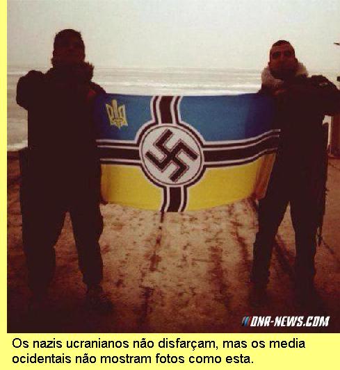 Logo nazi sobre a bandeira ucraniana.