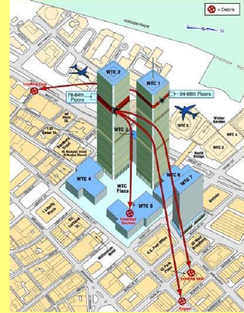 Os edif�cios WTC 1, 2 e 7 destru�dos em 11/Set/2001.