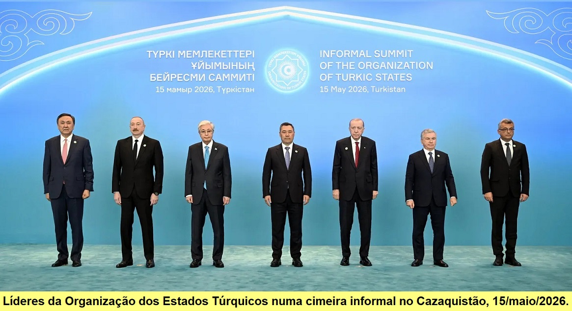 Líderes da Organização dos Estados Túrquicos numa cimeira informal em Turquistão, Cazaquistão, 15/maio/2026..