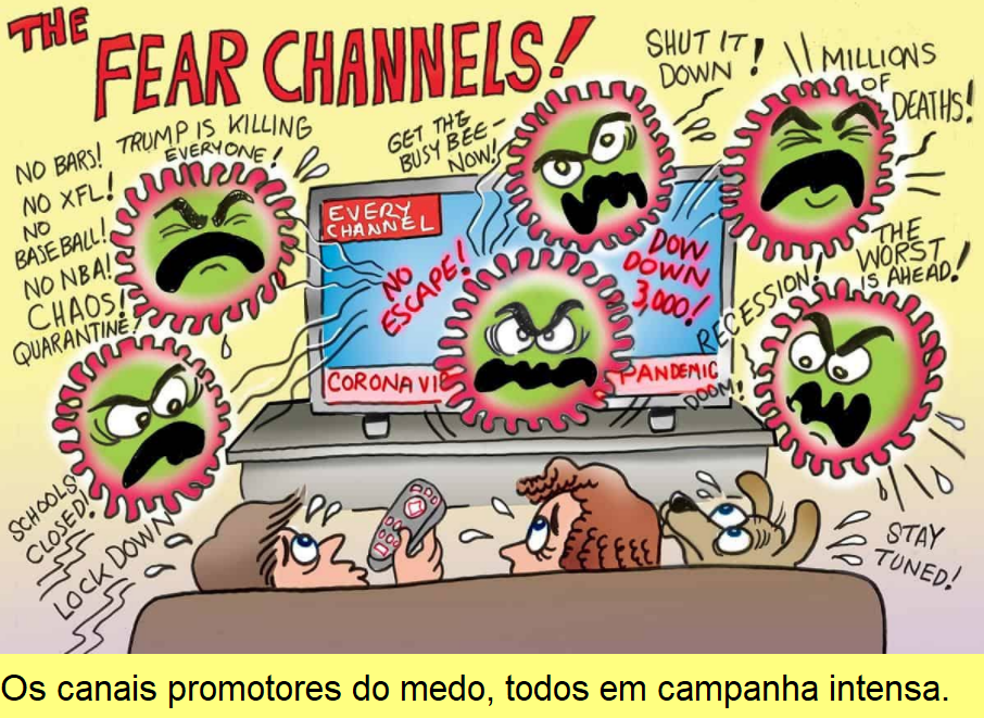 Canais de TV em campanhas para instilar o medo, cartoon