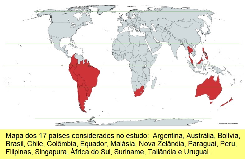 Os 17 países considerados no estudo.