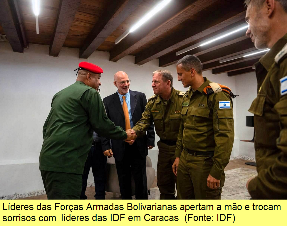 Líderes das Forças Armadas Bolivarianas apertam a mão e trocam sorrisos com líderes das IDF em Caracas (Fonte: IDF).